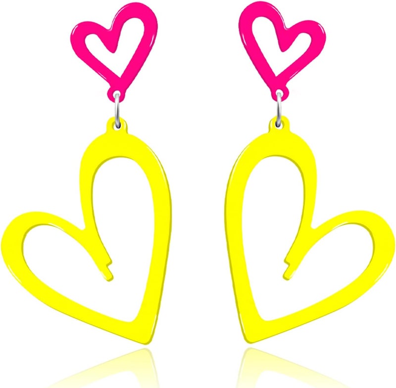 HOLYRY Neon Heart Earrings for Women Acrylic Neon Earrings 80s 90s Outfit for Women Glow Party Accessories Gifts Hot Pink Orange Green Yellow - Image 1